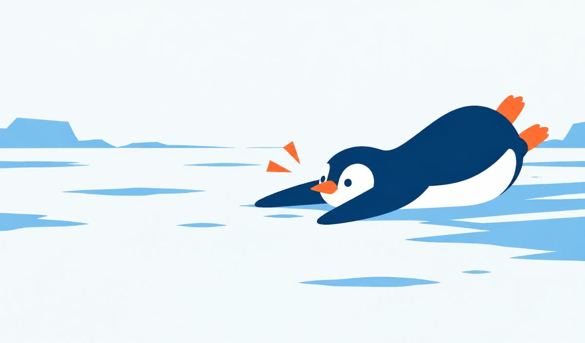 A penguin belly-sliding across blue ice, mid-collision