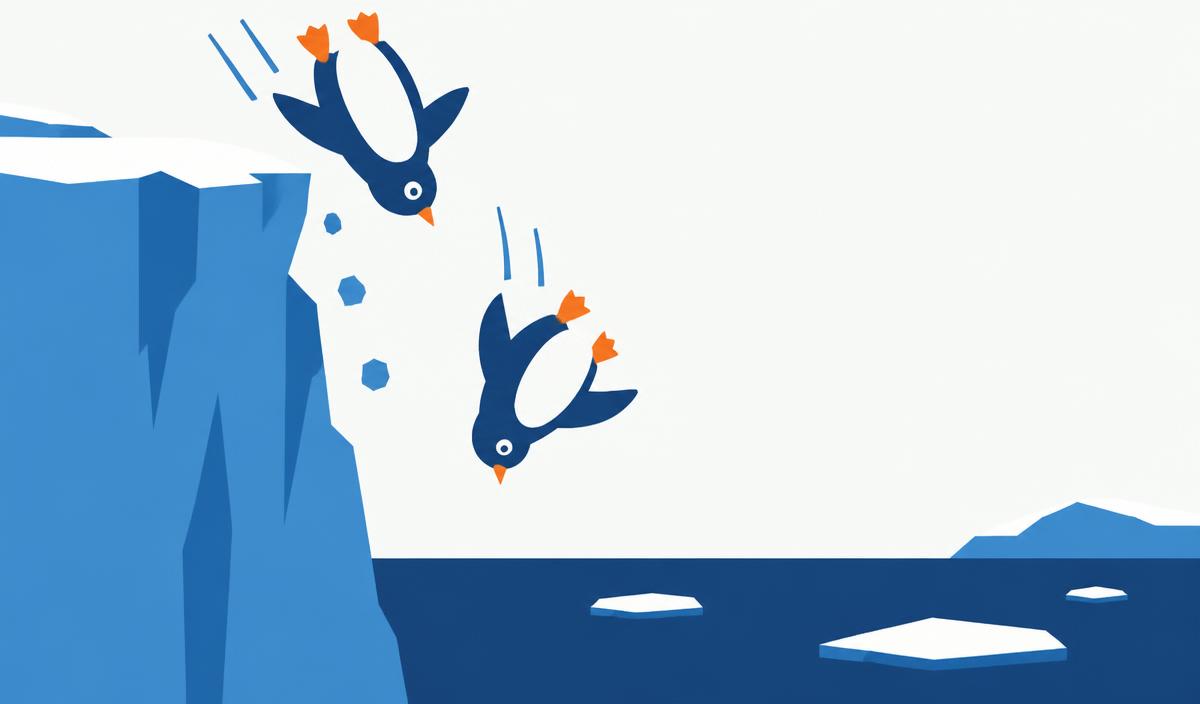 Two penguins tumbling off a glacier edge